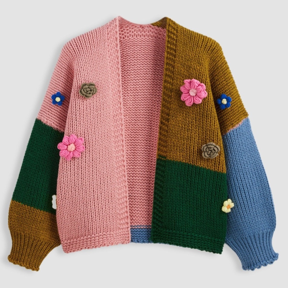 Cider Knit Jacquard 3D Flower Patchwork Cardigan Sweater Colorblock‎  Size 0XL